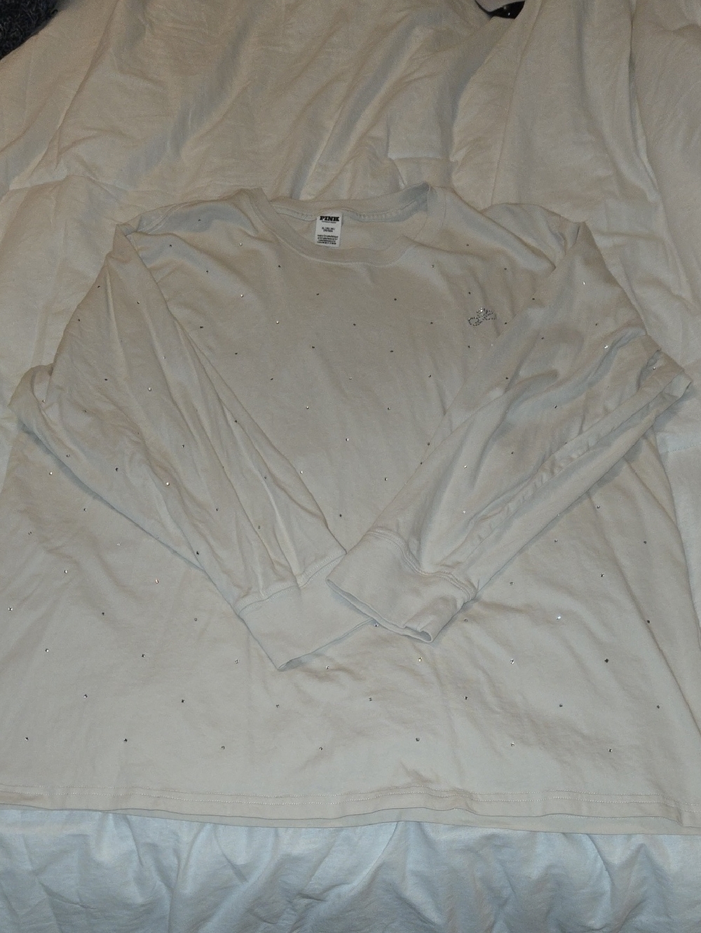 PINK Victoria's Secret Long-Sleeve Crew Tee - Light Cream with Sparkle Studs